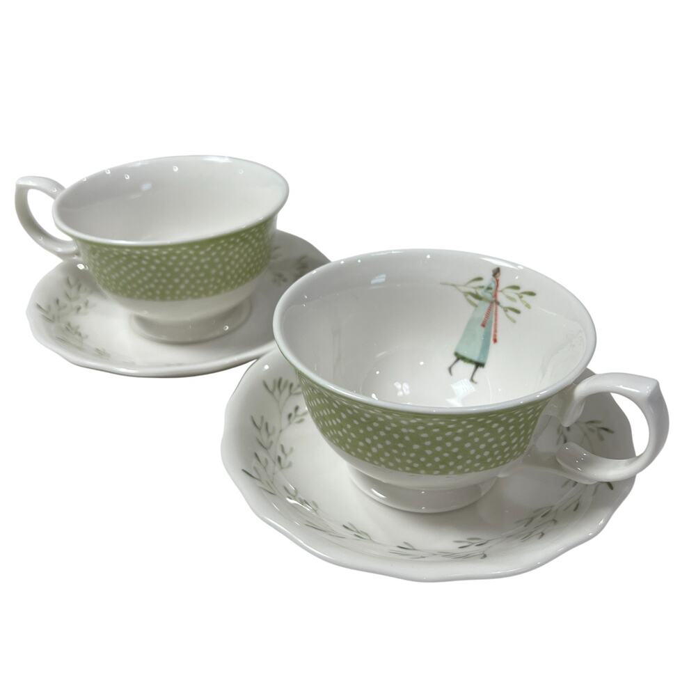 Portmeirion Fine Romance Tea Cup Saucer Set of 2 Green Floral Footed Vintage